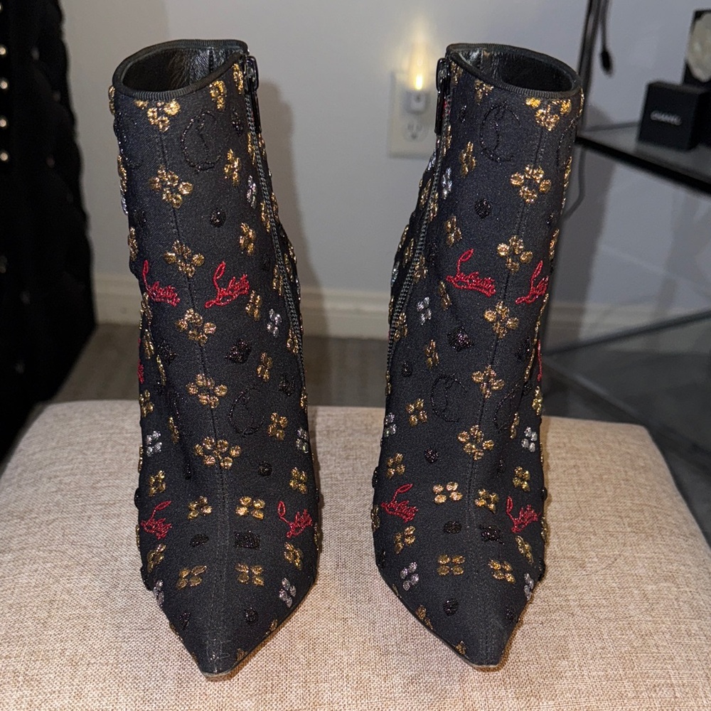 Christian Louboutin Black and Gold Embroidered Ankle Boots